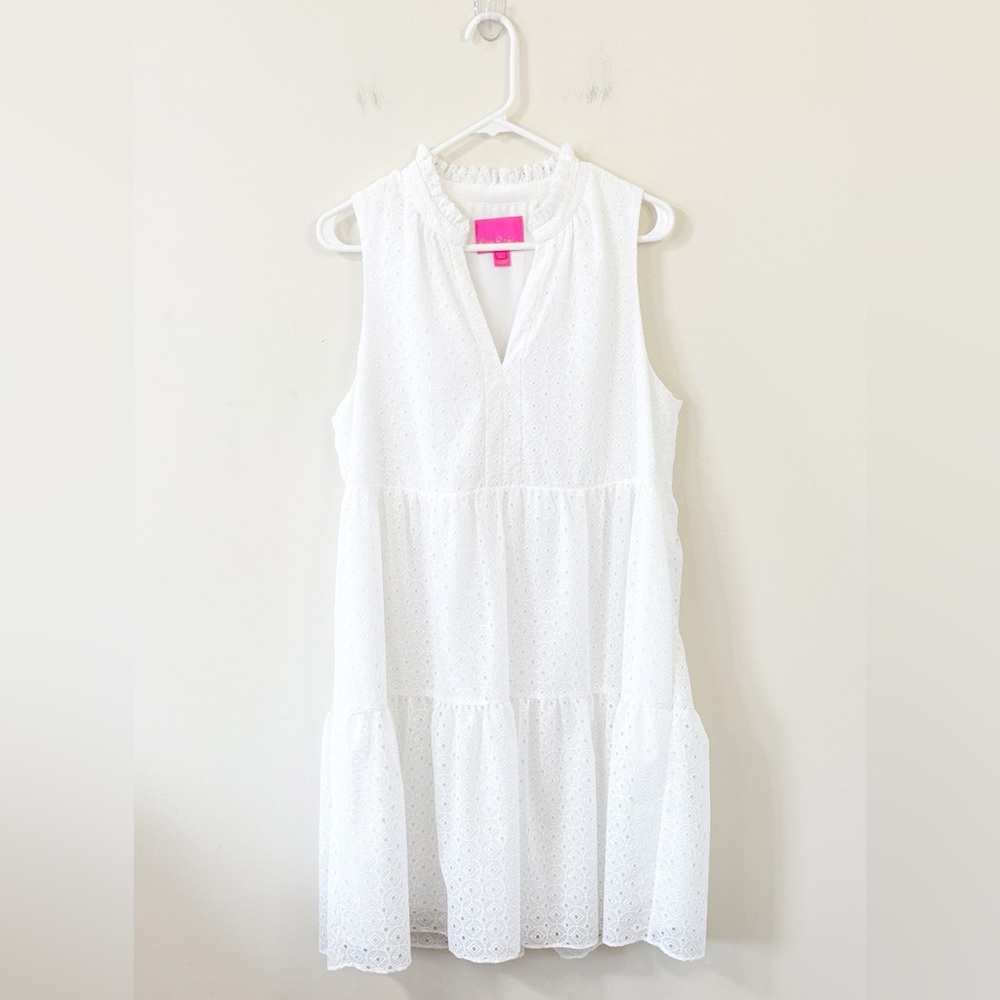 Lilly Pulitzer Novella Dress Resort White Mini Medallion Chiffon Eyelet Size L - Picture 2 of 11